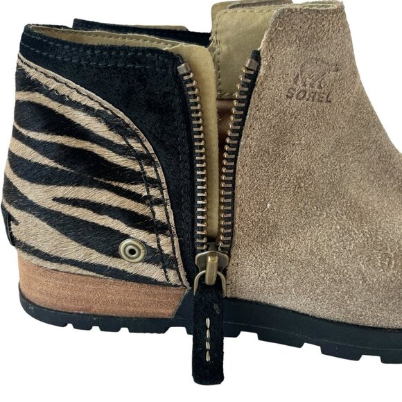 Sorel Joan Major Low Bootie Women 8 Tan Suede Zebra Stripe Pony Hair Taupe Boots - Picture 16 of 16